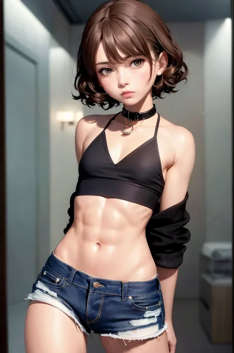 ((Medium chest, tomboyish girls, small head)), sunlight, Sunlight, (chiseled abs : 1.1), (Perfect body : 1.1), (short curly hair : 1.2) , auburn hair, collar, chain, full-body shot, crowded streets, Wearing a black vest, jean jacket, ((shorts)), (Extremely...