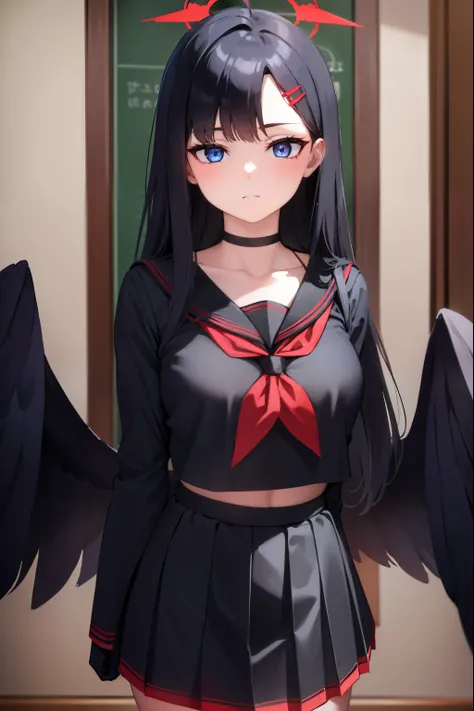 ichikanakamasa, ichika nakamasa, ahoge, black hair, black wings, feathered wings, hair ornament, hairclip, halo, long hair, low wings, red halo, wings,
BREAK armband, black choker, black gloves, black sailor collar, black serafuku, black skirt, choker, glo...