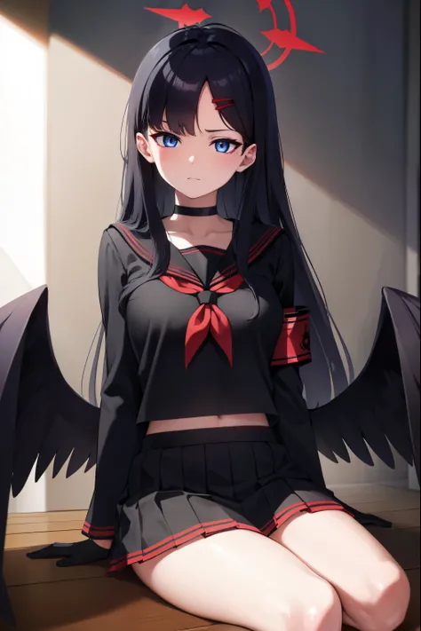 ichikanakamasa, ichika nakamasa, ahoge, black hair, black wings, feathered wings, hair ornament, hairclip, halo, long hair, low wings, red halo, wings,
BREAK armband, black choker, black gloves, black sailor collar, black serafuku, black skirt, choker, glo...
