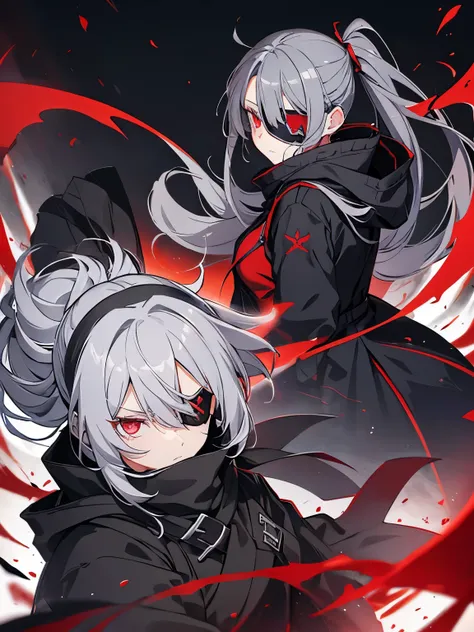 gray hair　red eye　black clothes　the scytheを持っている　boots　eyepatch　Kitchen two disease　cool　Crow　the scythe　dark　dark darkness　大the scythe　grim Reaper　evil　ponytail　long coat　sefu　ラスsefu　Red Moon　Blindfold　dragon　battle　battle　hood　Scarf