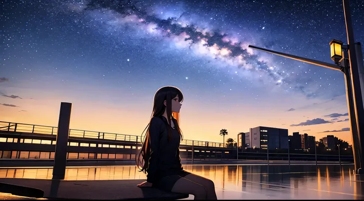 octans, sky, star (sky), scenery, starry sky, night, 1girl, night sky, solo, outdoors, signature, building, cloud, milky way, sitting, tree, long hair, city, silhouette, cityscape