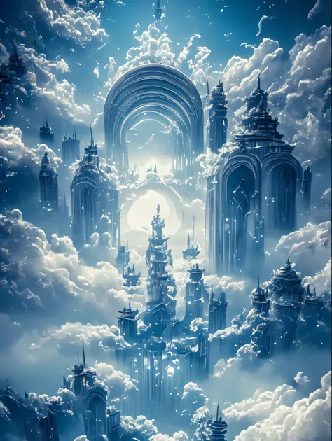 requiem, send the dead, shine, dragon kingdom, Cloud World, flying angel, Majestic gates and pillars, sun, moon and stars, in heaven, celestial realm, 
table top, highest quality, super detailed, 
Sidon, Sidon style
(realistic, very delicate and beautiful,...