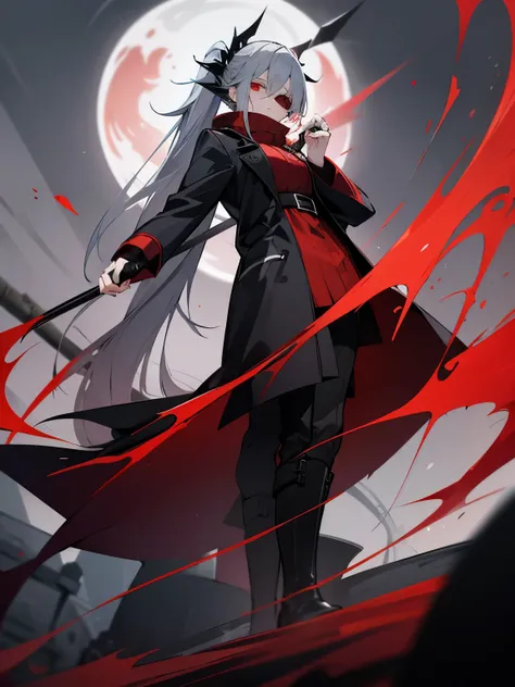 gray hair　red eye　black clothes　the scytheを持っている　boots　eyepatch　Kitchen two disease　cool　Crow　the scythe　dark　dark darkness　大the scythe　grim Reaper　evil　ponytail　long coat　sefu　ラスsefu　Red Moon　Blindfold　dragon　battle　battle　hood　Scarf　angle from below