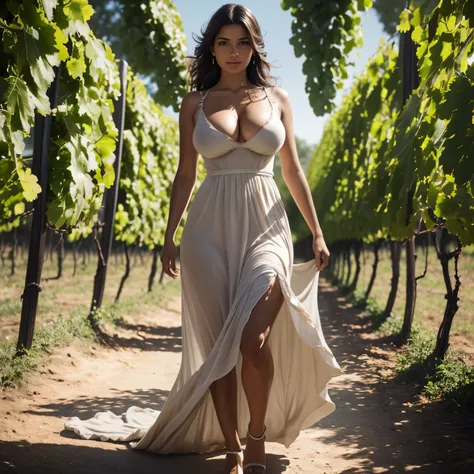 Isabela Merced, walking in a wineyard, long summerdress, (big breasts:1.3), (skin texture:1.1), (high detail face:1.1),high detail body, high detail clothes, (masterpiece), (realistic), ultra high definition, 4k, ultra high resolution, film grain, cinemati...