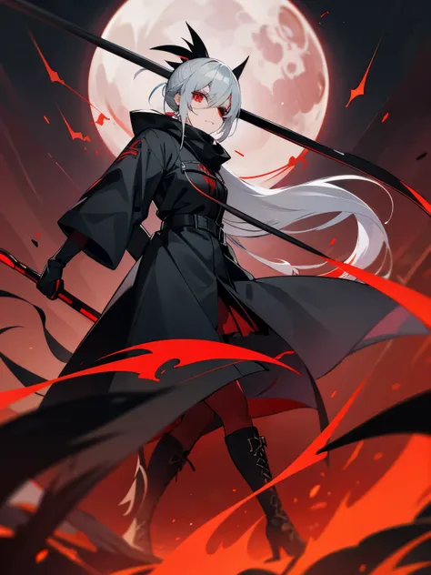 gray hair　red eye　black clothes　the scytheを持っている　boots　eyepatch　Kitchen two disease　cool　Crow　the scythe　dark　dark darkness　大the scythe　grim Reaper　evil　ponytail　long coat　sefu　ラスsefu　Red Moon　Blindfold　dragon　battle　battle　hood　Scarf　angle from below　ange...