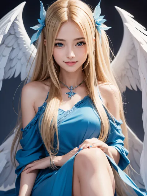 1 girl, heroin, Belldandy, Belldandy_Blue_Dress, goddess face symbols, beautifull smile, beautiful face, highly detailed face, angel wings, blonde hair color, highly detail body