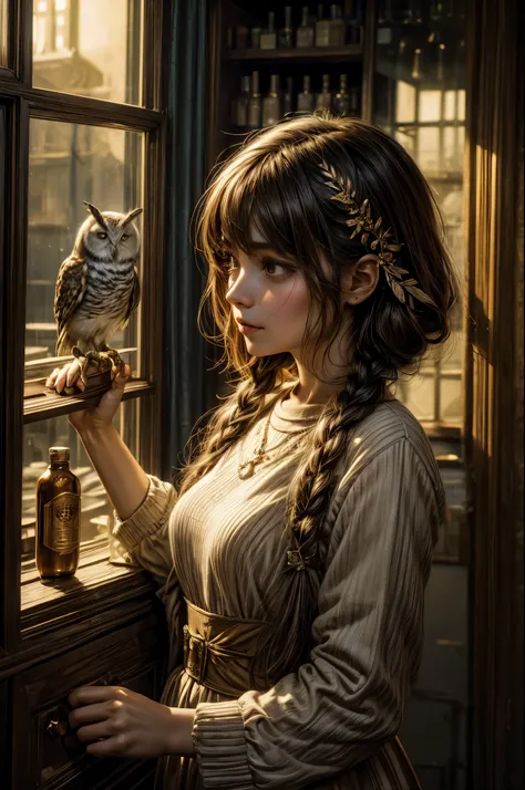 Paint a poetic scene where a girl, her head adorned with an owls features, discovers the magic within a Pharmacie. Jars of secrets surround her, and the evening light, filtered through tinted glass, gently kisses the surroundings. Craft an ((emotional)) an...