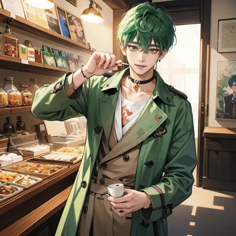 Guviz-style artwork, Made at Anime Painter Studio, anime realismスタイル, realistic anime art style, Drawn at Anime Painter Studio, Inspired by Kim Taehyung, In an anime style, anime handsome man, Inspired by Kim Taehyung, anime realism、Green hair、A sloppy smi...