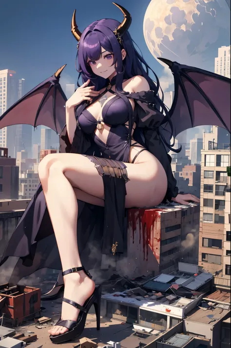 Aerial View，giant girl 50,000 feet high，Have a pair of long legs，Possessing a pair of huge demon wings，With huge devil horns on his head，Has waist-length purple hair，loose hair，Wearing a pair of Mary Jane heels，purple wavy hair，A look of enjoyment，Sitting ...