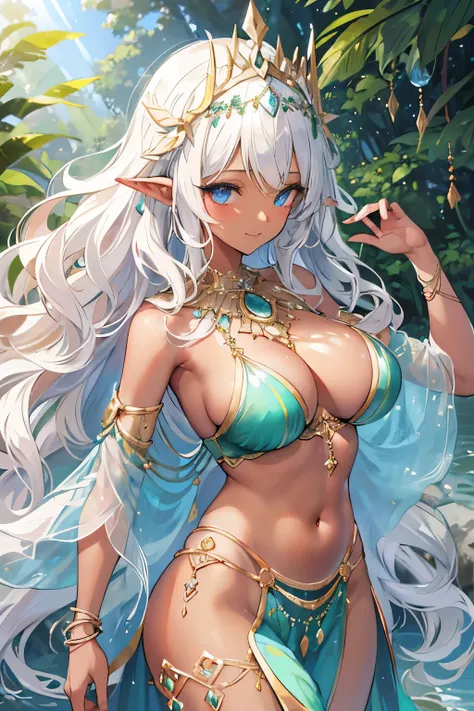 ((masterpiece,High resolution,8K quality,highest quality)),1 girl,((highly detailed face)),dark elf,delicate eyes,(blue eyes),(hairstyle on:Long Wave,strong wavy hair,stiff wavy hair,platinum hair),dramatic makeup,Lens flare,((brown skin,Arab,tanned skin,b...