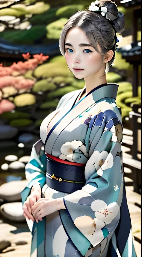 beautiful turquoise eyes、beautiful nordic girl、１６talent、ash gray hair、bun hair、Perfect good looks、Beautiful skin like porcelain、detailed skitomy、Correct depiction of the human body、An ennui look、plump lips、kimono、美しい西陣織のkimono、きめの細かい柄のkimono、Elegant、silenc...