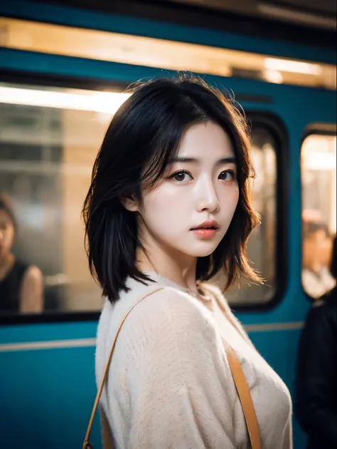 Cinematic Photo of a beautiful korean fashion model bokeh train