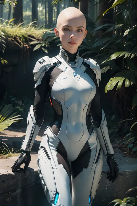 A White sci-fi female armor clad in a full body suit, featuring a sleek cybernetic helmet with intricate details, shines under the natural light in an outdoor photo. The insulated armor, glowing with a subtle sci-fi movie style, covers her bald head protec...