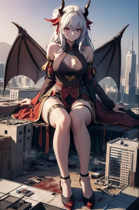 Aerial View，giant girl 50,000 feet high，Have a pair of long legs，Possessing a pair of huge demon wings，With huge devil horns on his head，Has white waist-length hair，loose hair，Wearing a pair of Mary Jane heels，white wavy hair，A look of enjoyment，Sitting on...