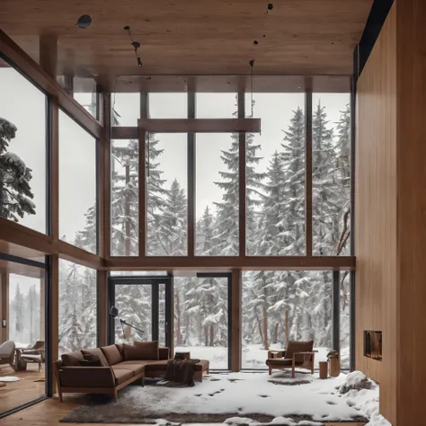 8k,32k,best quality, chair, sofa, plant, snow landscape, absurdities, composition, cup, interior, floor to ceiling window, woode...