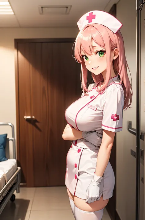 1 female, alone, nurse, nurse cap, White nurse uniform, ((white legwear, zettai ryouiki)), white gloves, pink hair, green eyes, droopy eyes, pink lips, smile, Are standing, ((hospital room)), sharp outline, short sleeve, mature woman, 32 years old, highest...