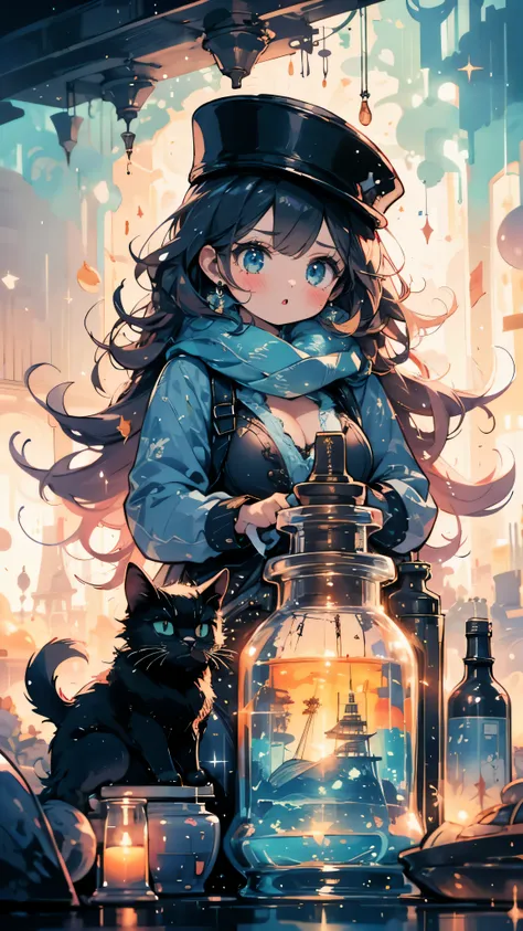 wide angle,high quality,Deep Blue World,angle from above,daytime,Odd-Eyed１With black cat１girl, girlは微笑む,A black cat is sitting,warm hat and scarf,Waist-length red hair waving in the wind.,delicate makeup,big breasts,beautiful breasts,とてもshort bangs,Sparkli...