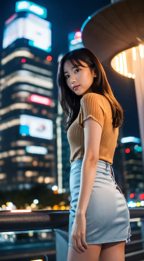 girl　looking at the camera　Turn around　Detailed night cityscape on the background of skyscraper peaks　Silk Blouse　Tight Skirt