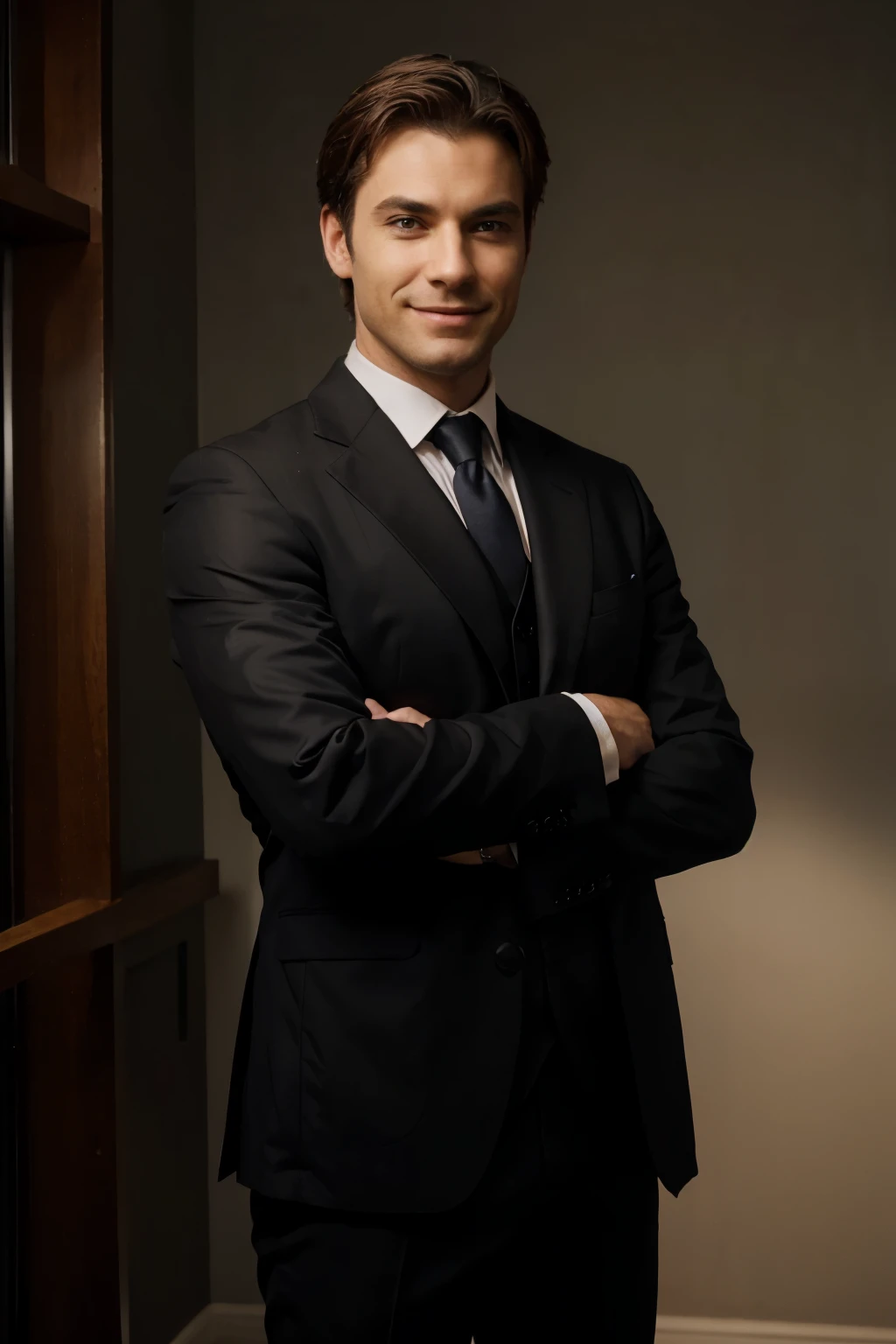 a realistic photo of a man in a black suit facing forward and arms crossed, with a sarcastic smile