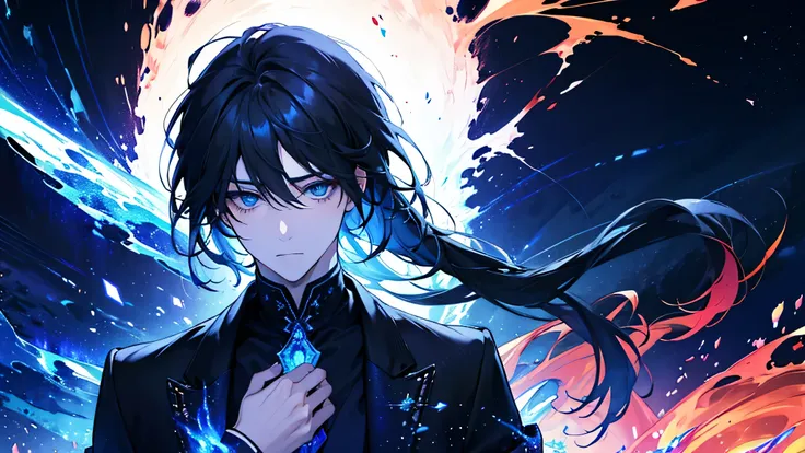 A boy, handsome, fair-skinned, resolute eyes, flowing long black hair, blue eyes, powerful, black dress, ancient style, streamer surrounding, 8k, thunder, flame, colorful light, starry sky, cracked, milky way, whole body