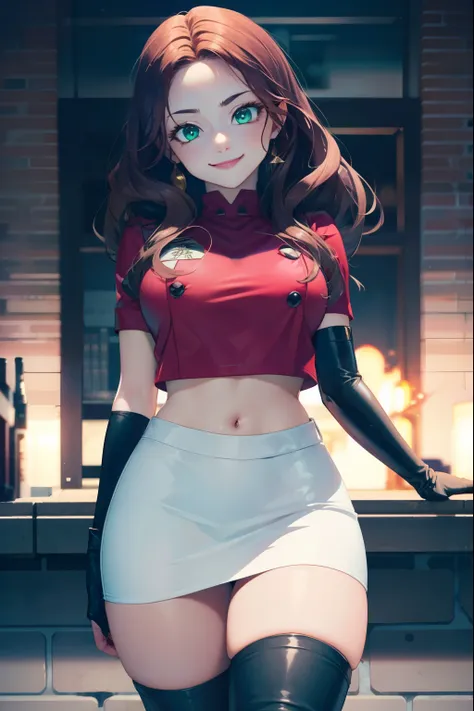 dorothea, green eyes, glossy lips ,team rocket,team rocket uniform, red letter r, white skirt,white crop top,black thigh high bo...