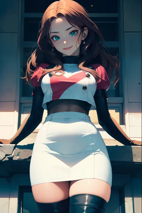 Dorothea, green eyes, glossy lips ,Team Rocket,Team Rocket uniform, red letter R, white skirt,white crop top,black thigh high boots, black elbow gloves , looking at the viewer, evil smile, fold your arms