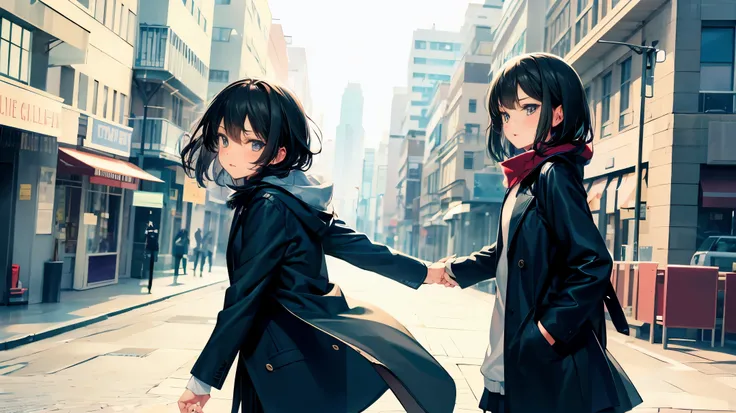 Pose change, running.
One girl, 15 years old, short black hair, cute eyes, aesthetically animated, animated, image is 16:9, blue eyes, black coat.