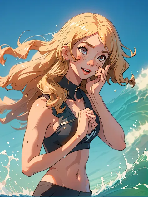 (best quality, masterpiece), 1 girl, Upper body, paw pose, 微lol, lol, happy, ocean, crop top, shorts, blonde, freckle, blush, looking at the audience, curls, long hair, cloud, splash, wave, sun, Mountain, wet