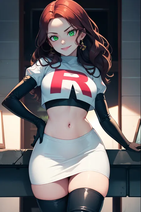 dorothea, green eyes, glossy lips ,team rocket,team rocket uniform, red letter r, white skirt,white crop top,black thigh high bo...