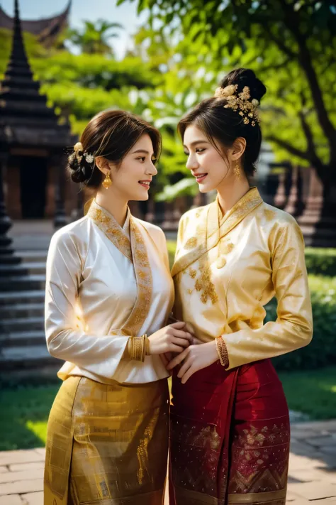 two beautiful young women of Tai Khun descent, adorned in a meticulously crafted Keng Tong Tai Khun traditional outfit, stands gracefully against the backdrop of the majestic Bagan temples. Their attire shimmers with intricate embroidery and gold accents, ...