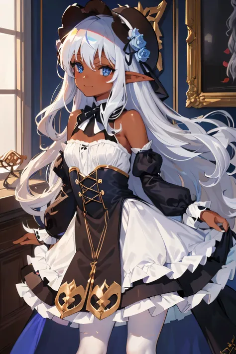 ((masterpiece,High resolution,8K quality,highest quality)),1 little girl,((highly detailed face)),dark elf,delicate eyes,(blue eyes),(hairstyle on:Long Wave,strong wavy hair,stiff wavy hair,platinum hair),pointed ears,dramatic makeup,Lens flare,((brown ski...