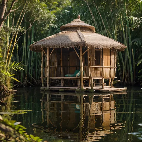 "Generate an ultra-realistic image of a green bamboo hut nestled beside a tranquil lake in an Indian village jungle. Ensure meticulous attention to detail, emphasizing the authenticity of the bamboo structure, lush jungle surroundings, and the peaceful ref...