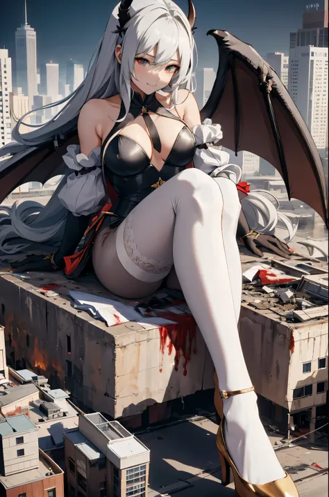 Aerial View，giant girl 50,000 feet high，Have a pair of long legs，Possessing a pair of huge demon wings，With huge devil horns on his head，Has waist-length white hair，loose hair，Wearing a pair of Mary Jane heels，white curly hair，A look of enjoyment，lace glov...