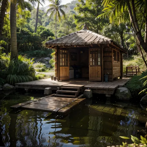 "Generate an ultra-realistic image of small hut nestled beside a tranquil lake with stones in an Indian village jungle. Ensure meticulous attention to detail, emphasizing the authenticity of the bamboo structure, lush jungle surroundings, and the peaceful ...