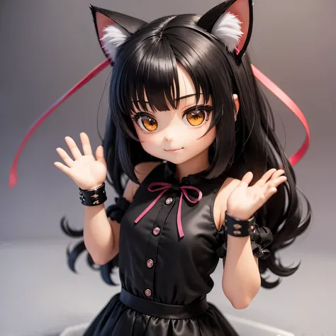 best quality, a girl, with cat ears, cat tail, black hair , ((ribbon)),  (chibi:1.2), 3d figure, upper body shot, nendoroid style, (looking at camera), Happy Scene, waving at the camera