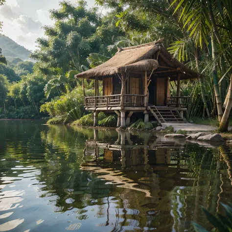 "Generate an ultra-realistic image of small hut nestled beside a tranquil lake in an Indian village jungle. Ensure meticulous attention to detail, emphasizing the authenticity of the bamboo structure, lush jungle surroundings, and the peaceful reflection i...