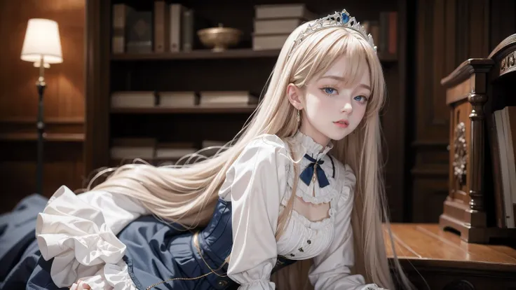 ((masterpiece, anatomically correct, high details, high quality, photorealistic)), young girl, (pureerosface_v1:0.008), (dynamic pose:0.7), (Glossy Super Long Straight Blonde Hair with Blunt Bangs), cute gorgeous round face, Shiny Blue Eyes, (detailed pupi...