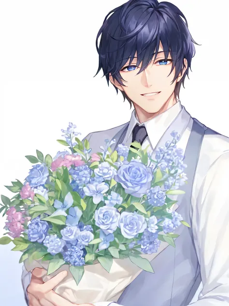 cool handsome guy、blue eyes、Bouquet in the hands、smile a little、Highly Detailed CG Unity 8K Wallpaper, (super masterpiece, It&#39;s photorealistic, hyper realistic)、