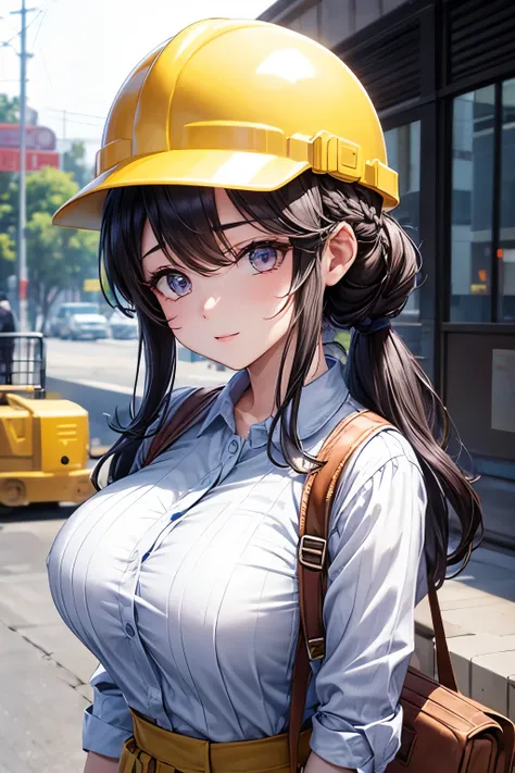 1 girl、Working in construction work clothes、Helmet、(random hairstyles:1.2)、super detailed face、Details、double eyelids、(casual hairstyles、big breasts:1.2)、soft chest