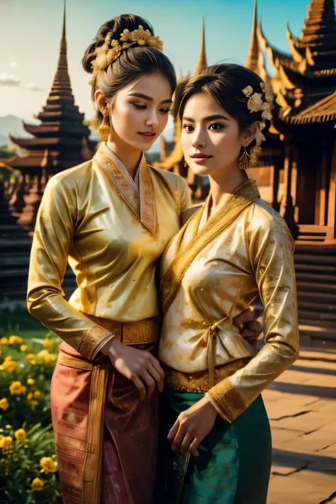 two beautiful young women of Tai Khun descent, adorned in a meticulously crafted Keng Tong Tai Khun traditional outfit, stands gracefully against the backdrop of the majestic Bagan temples. Their attire shimmers with intricate embroidery and gold accents, ...