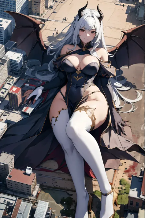 Aerial View，giant girl 50,000 feet high，Have a pair of long legs，Possessing a pair of huge demon wings，With huge devil horns on his head，Has waist-length white hair，loose hair，Wearing a pair of Mary Jane heels，white curly hair，lace gloves，lace pantyhose，蕾丝...