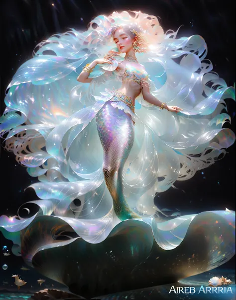 Araf woman in skirt stands on a large seashell, wearing seashell attire, Queen of the Sea Mu Yanling, mother-of-pearl orchid, Emma Watson as sea mermaid, James Jean and Rolf Armstrong, sea goddess, The birth of Venus, opal statues adorned in jewels, Ariana...