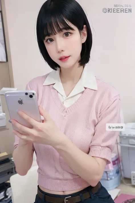 Arafed Asian woman in pink shirt holding a tablet, yanjun chengt, inspired por Yanjun Cheng, Con pelo corto, sakimichan, rubor lavanda, Chica Lofi, chica anime en la vida real, iwakura yacía, por Yanjun Cheng, Chica Lofi aesthetic, jaeyeon nam, ulzzang, re...