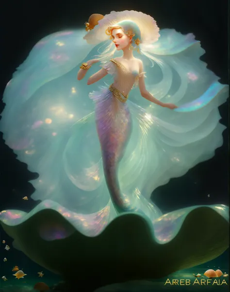 Araf woman in skirt stands on a large seashell, wearing seashell attire, Queen of the Sea Mu Yanling, mother-of-pearl orchid, Emma Watson as sea mermaid, James Jean and Rolf Armstrong, sea goddess, The birth of Venus, opal statues adorned in jewels, Ariana...
