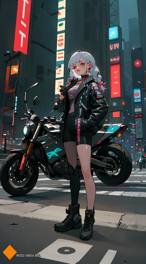 masterpiece, best quality, Confident cyberpunk 2077 girl, full body shot, ((standing in front of motorcycle)), Harajuku-inspired pop outfit, bold colors and patterns, eye-catching accessories, trendy and innovative silver long hairstyle, vibrant makeup, Cy...