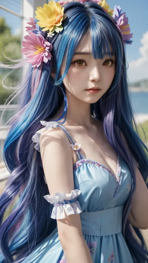 A long-haired C-cup woman wearing a blue dress with flowers in her rainbow-colored hair., beautiful anime girl, anime girl cosplay, beautiful anime style, Gweiz, by Jan J., long hair anime girl, artwork in the style of Gweiz, realistic. Chen Yi, long hair ...