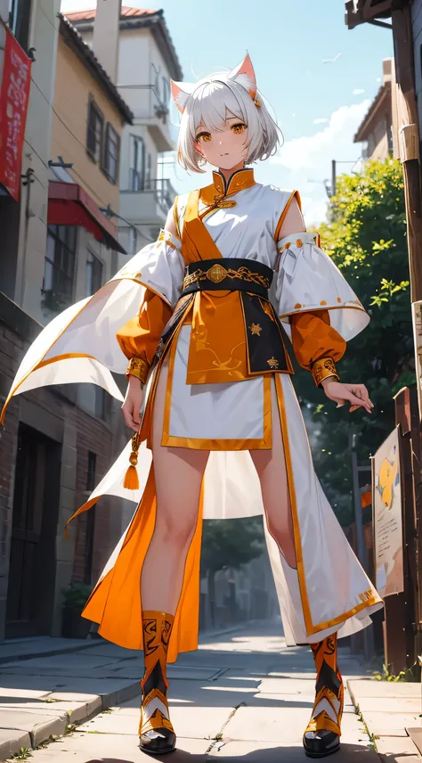 Short hair, ((mongolian costume, medium mix of white, Yellow and orange, Long Skirt )) shiny white hair, female warrior, (((Full-body cut))), (((cat ears))), Pose holding a sword, (((outdoor)) You can see it from head to toe.