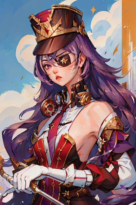 1 girl solo, long purple hair, ((eyepatch)), purple eye, tall brown hat, bare shoulders, brown and red clothes, white high boots, white gloves, golden details