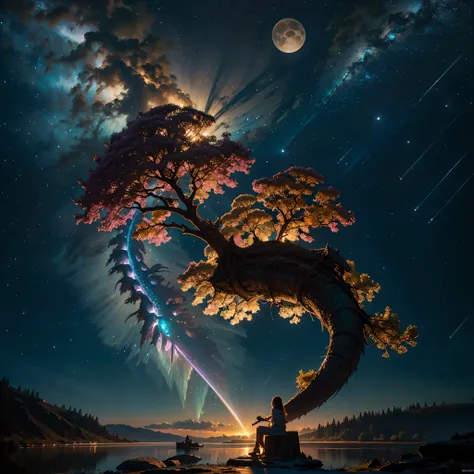 Totem ShootingStar The dragon sleeps in the forest, curled up in a kolachik,lying on its belly, The head lies on the snow nebulae hyper Nebula Moonrise epic moonset panoramic moonshine "Wood Dragon Totem" Unrealengine5 ultra masterpiece meticulously intric...