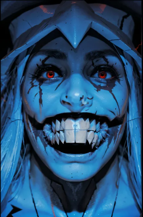 The ancient face of god mixed with cyberpunk theme, close up face, Red eyes, bloodlust eyes, Red LED light effect on the eyes, Grinding, scary, showing teeth, shark teeth, made from stone, inhuman, A god, amazing, bes quality, rendering, hyper realistic, 8...